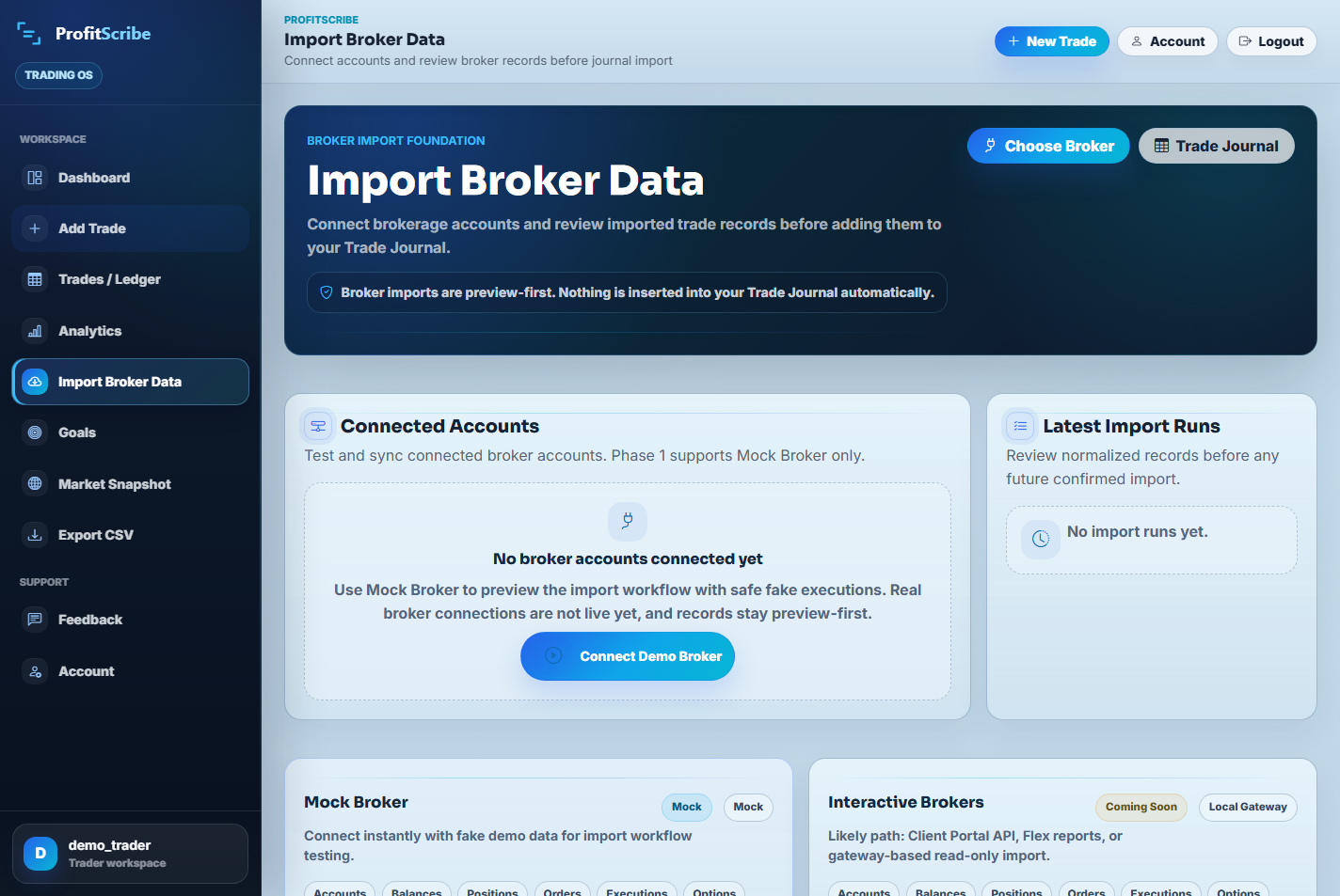 ProfitScribe Import Broker Data mock preview foundation